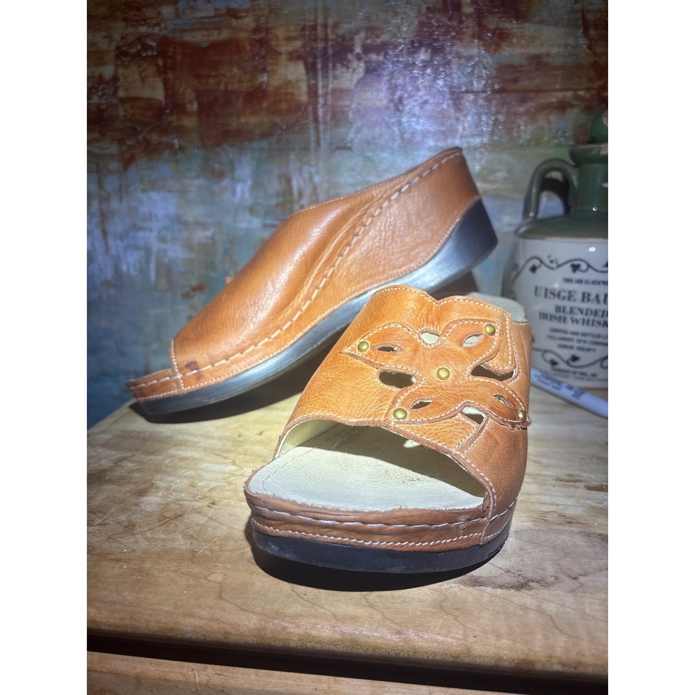 Spring Step Star-MBR Tan Leather Floral Cutout Wedge Slide Sandals Womens 9 40